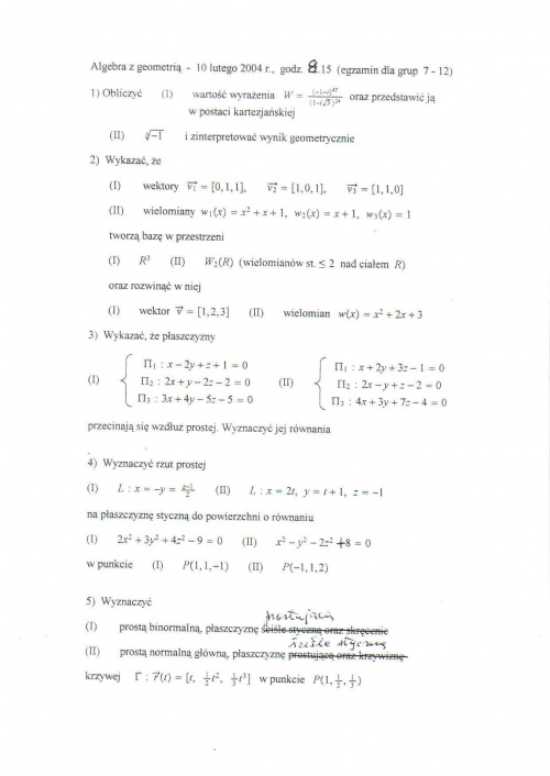 [algebra z geometrią] egzamin 2004