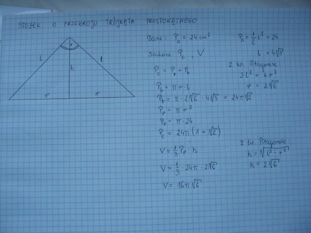 stożek o przekroju trójkąta prostokątnego