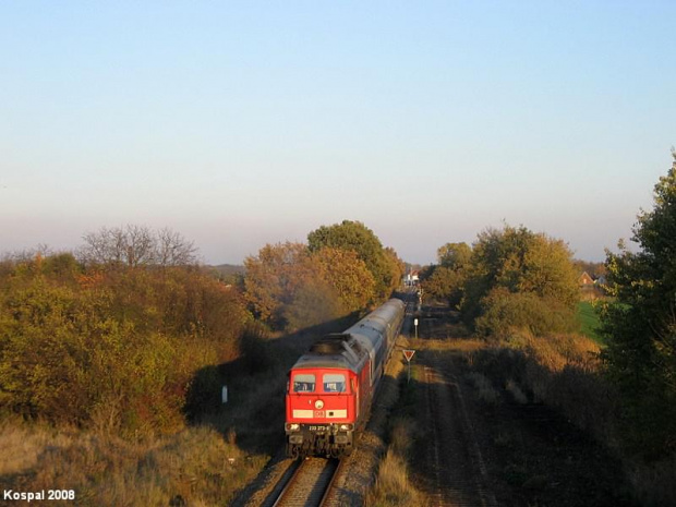 24.10.2008 Kustrin-Kietz Ludmiła BR233_373-0 opuszcza stację z pociągiem EC 444 Berlin-Warszawa Express relacji Warszawa Wsch - Berlin Gesundbrunnen. W oddali widoczny semafor wjazdowy.