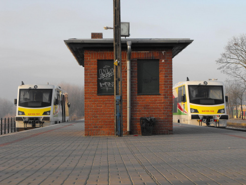 Szynobusy, z lewej: SA105-101 i z prawej: SA105-105 stoją przy peronie 4 w Gorzowie Wlkp.