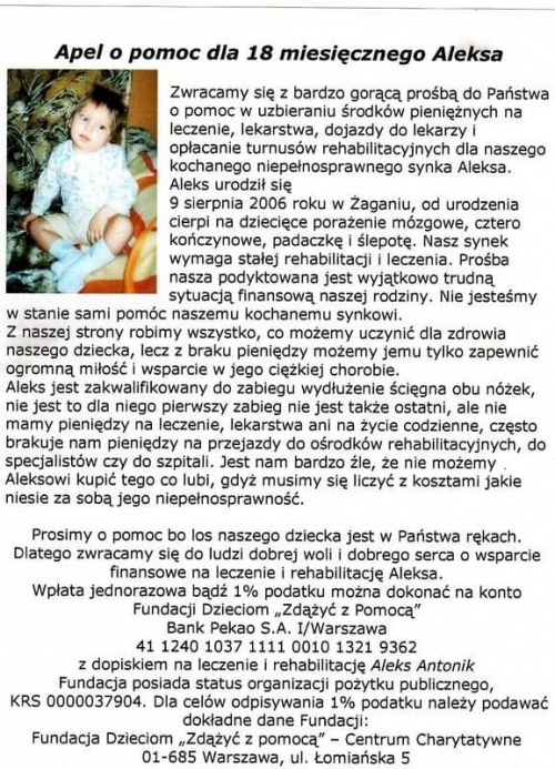 http://pomagamy.dbv.pl/ #AleksAntonik #DziecięcePorażenieMózgowe #FundacjaDzieciomZdążyćZPomocą #padaczka #ślepota #Żagań #Apel #ChoreDzieci #darowizna #schorzenie #OpiekaRehabilitacyjna #Fiedziuszko #fundacja #PomocCharytatywna #sponsor